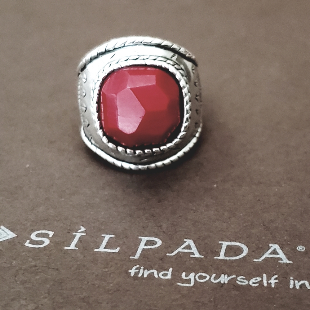 Silpada Red Coral Sterling Silver Samba Ring  R2890  Size 9.25